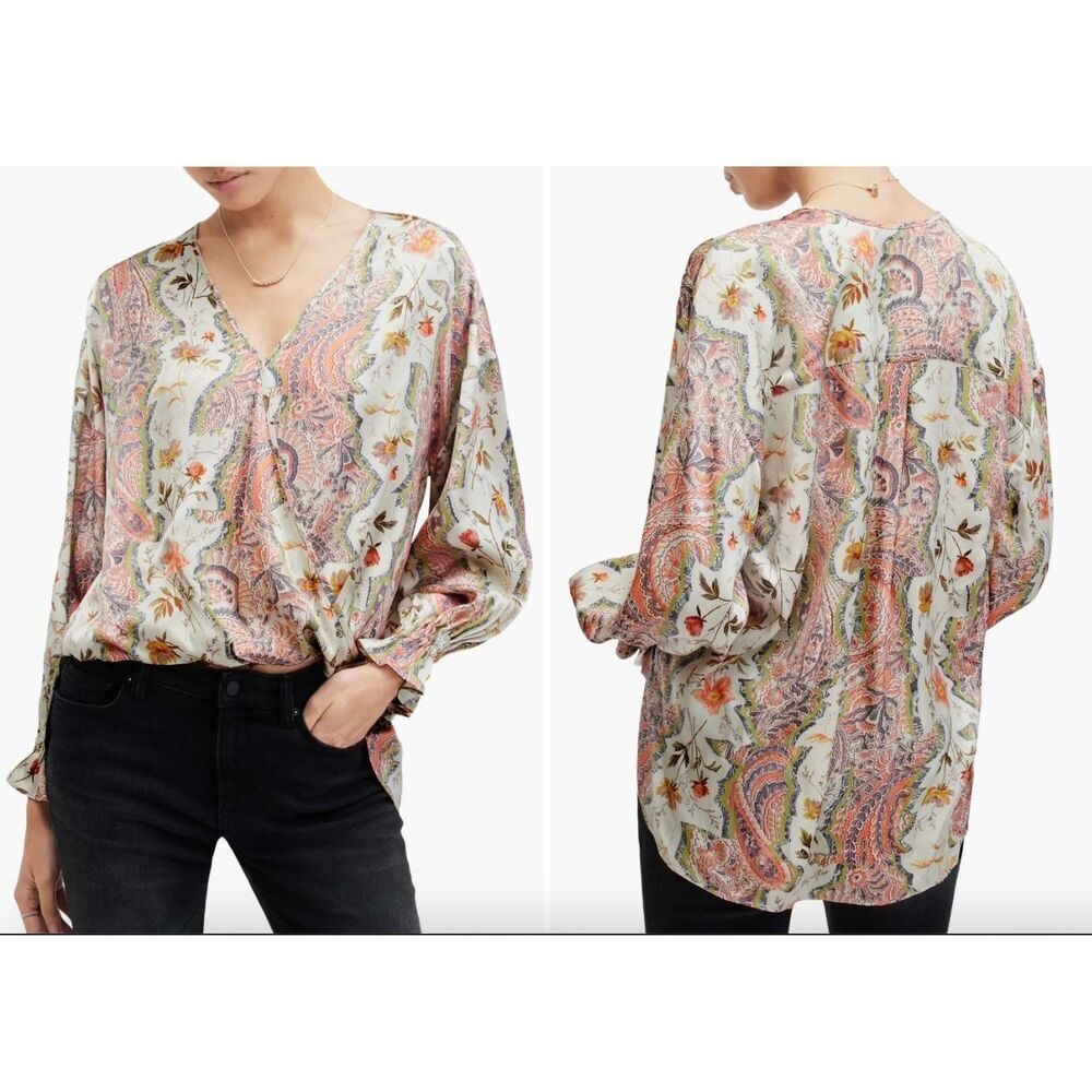 New ALLSAINTS Size 6 US Penny Cascade High Low Top Blouse Paisley Floral Satin
